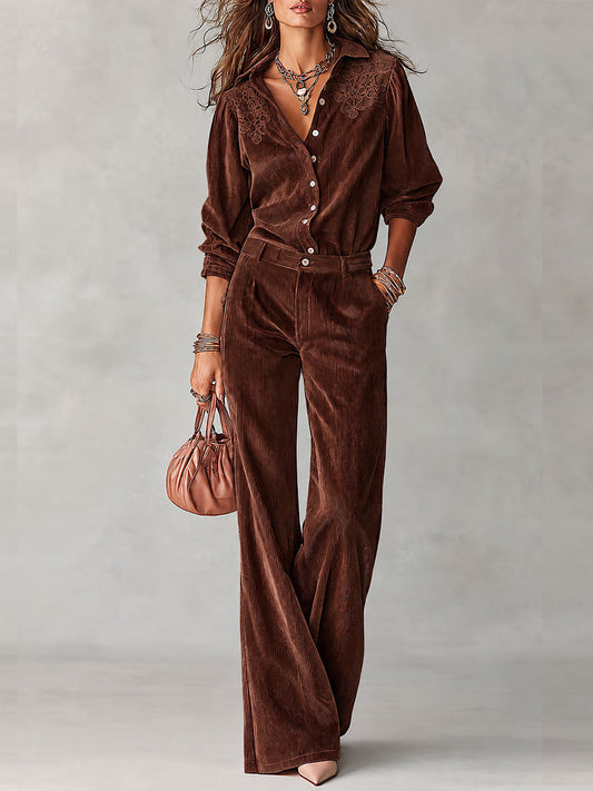 Lucía | Conjunto de Camisa de Pana y Pantalón de Pierna Ancha