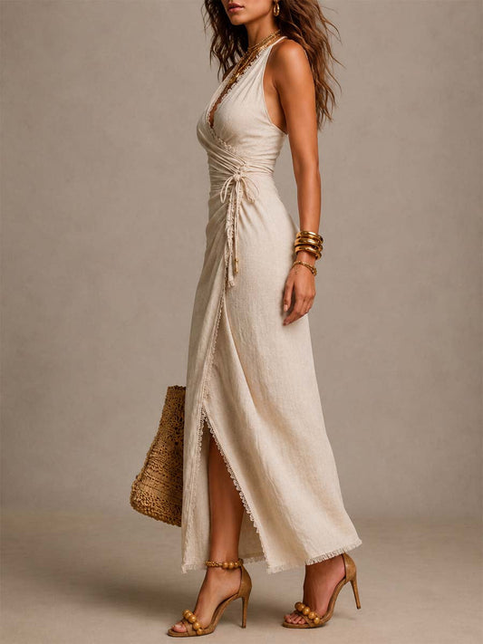 Lorena | Vestido largo cruzado con detalle de encaje
