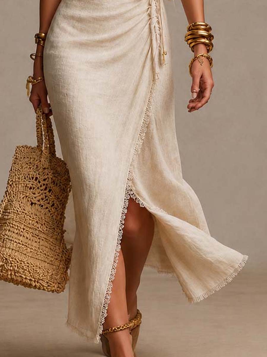 Lorena | Vestido largo cruzado con detalle de encaje