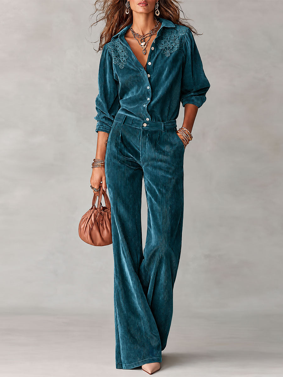 Lucía | Conjunto de Camisa de Pana y Pantalón de Pierna Ancha
