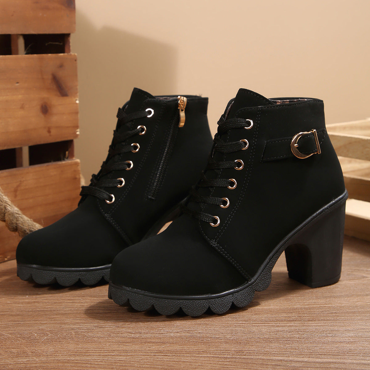 Botines de Tacón con Hebillas y Cremallera Lateral
