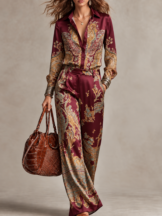 Rocío | Conjunto de Camisa Satinada Estampada y Pantalón Ancho
