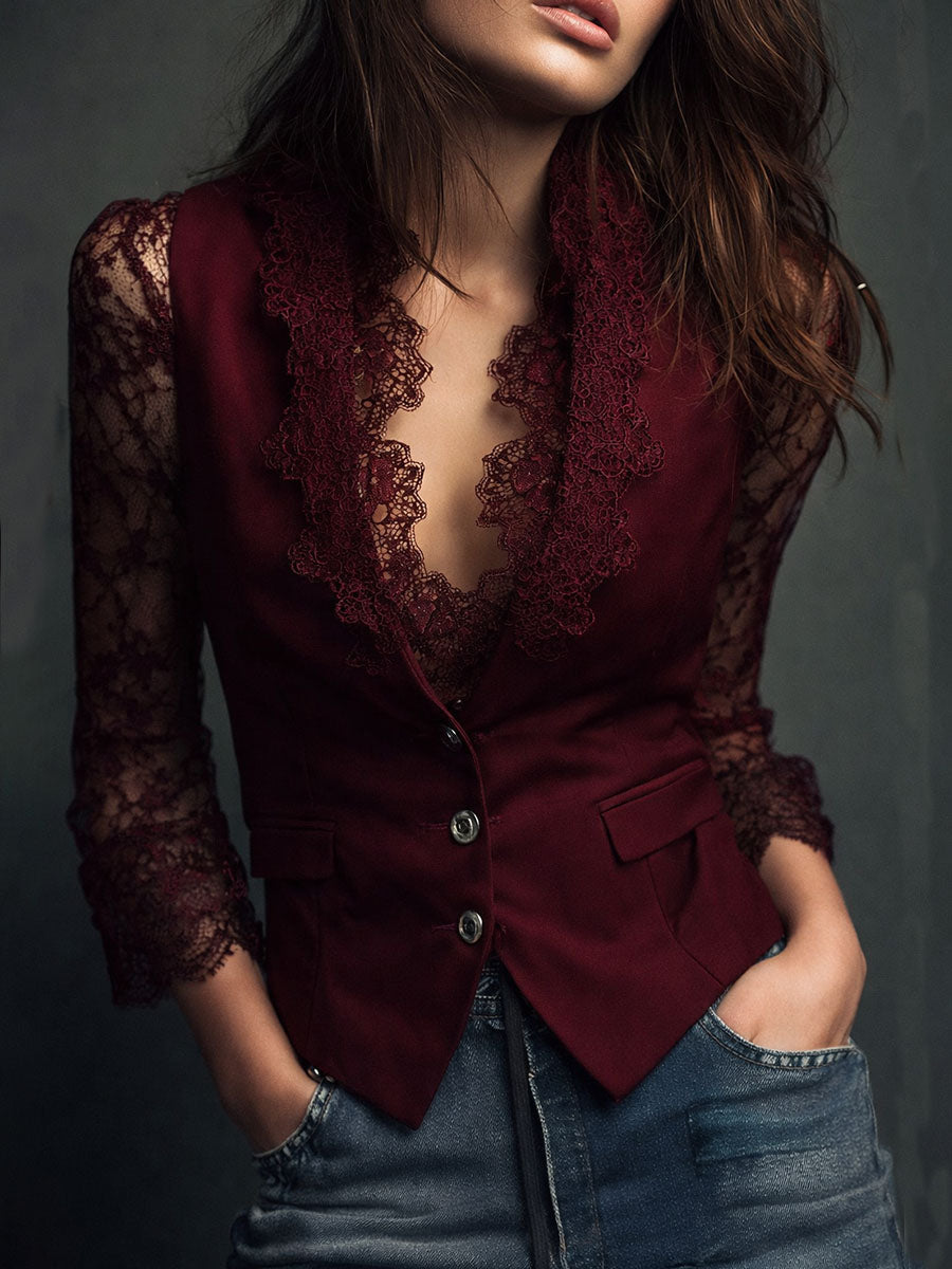 Claudia | Blazer Negro Elegante con Mangas de Encaje