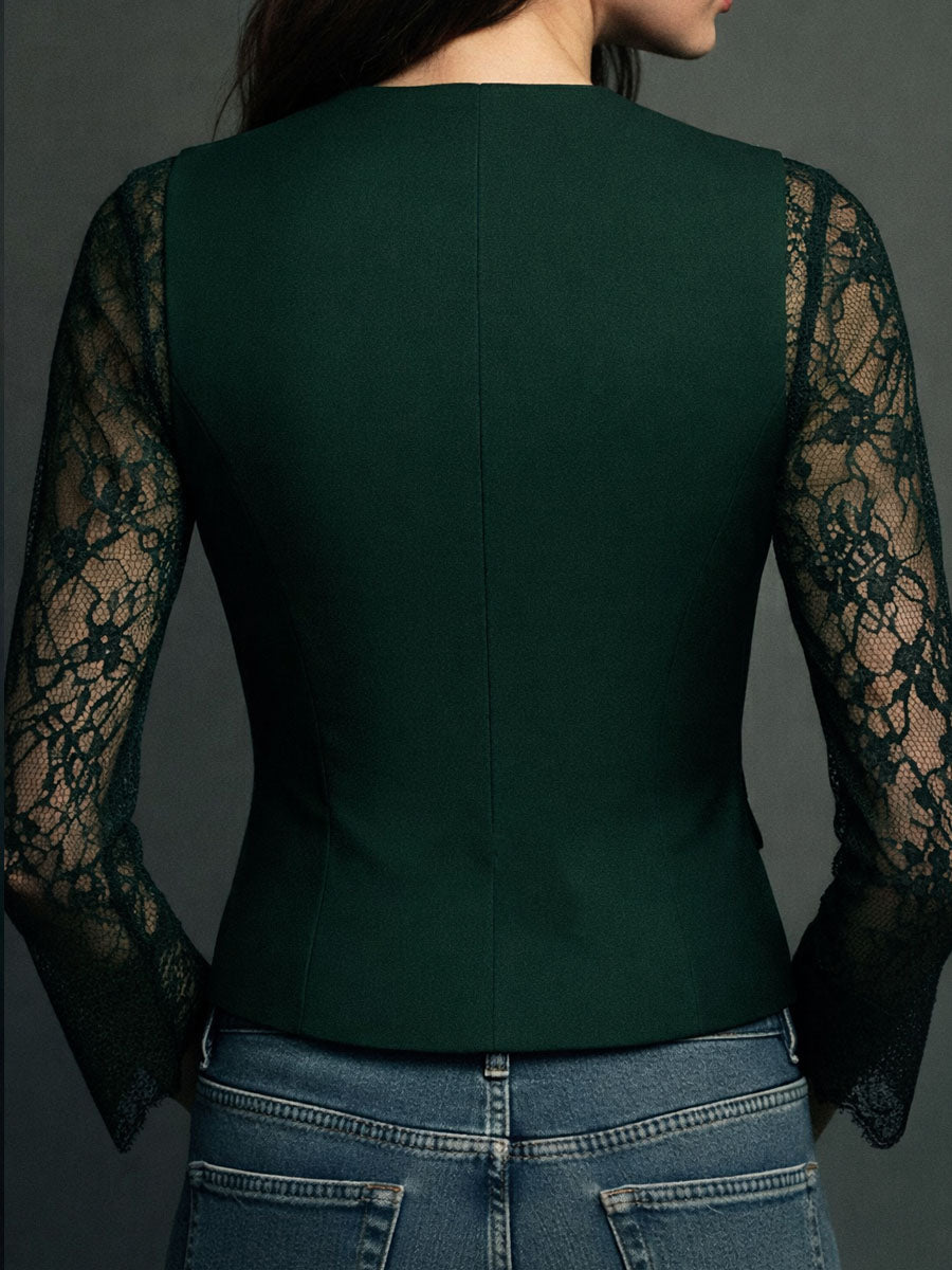 Claudia | Blazer Negro Elegante con Mangas de Encaje