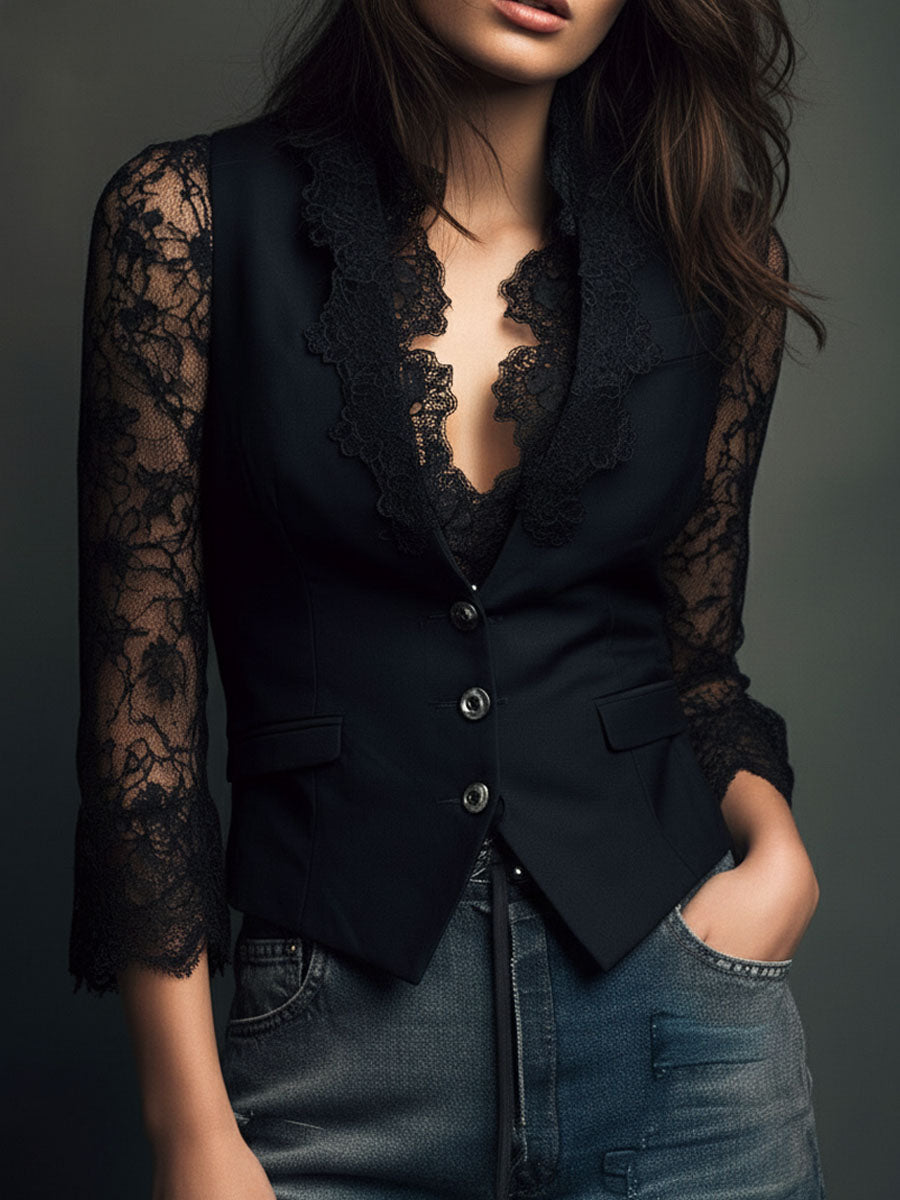 Claudia | Blazer Negro Elegante con Mangas de Encaje