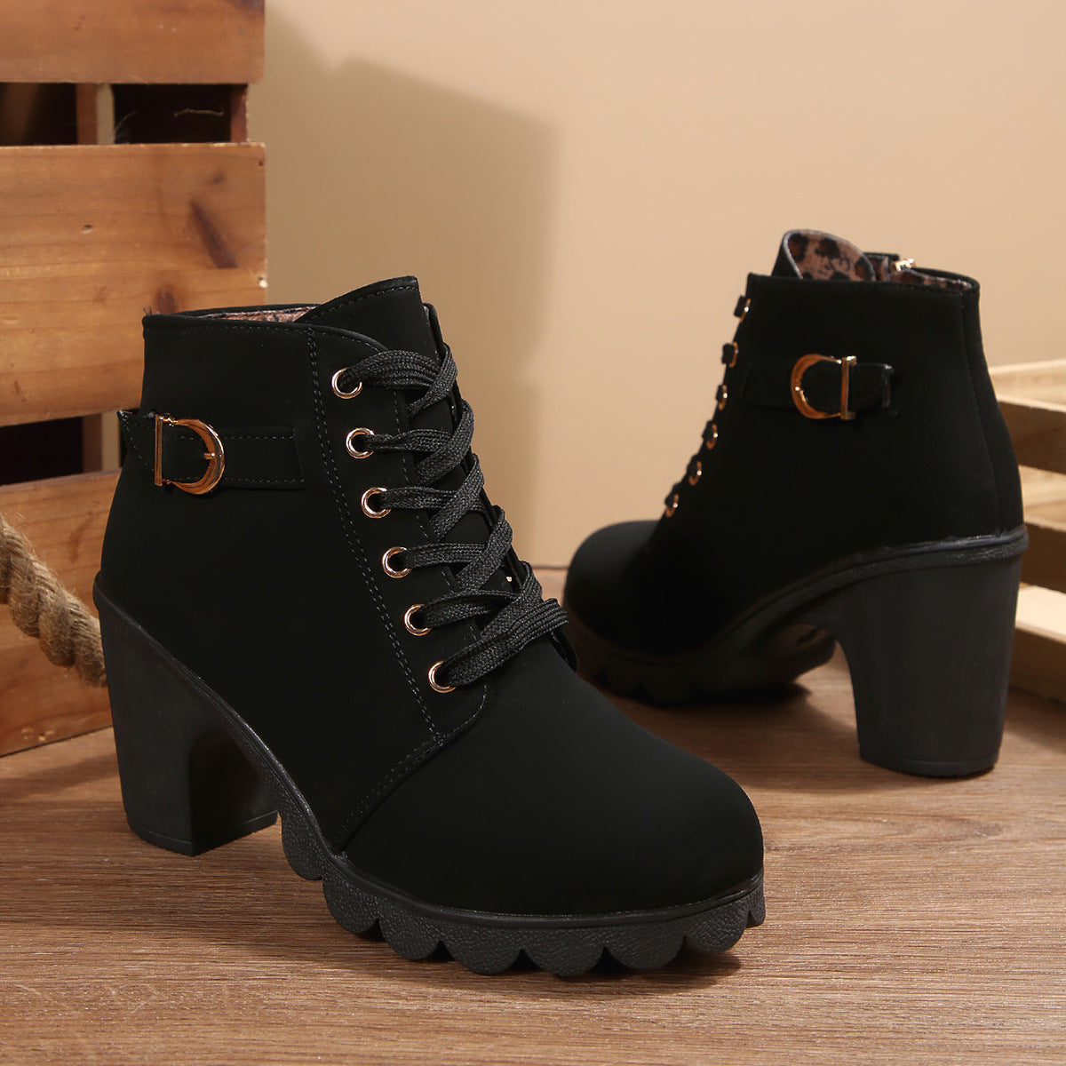 Botines de Tacón con Hebillas y Cremallera Lateral