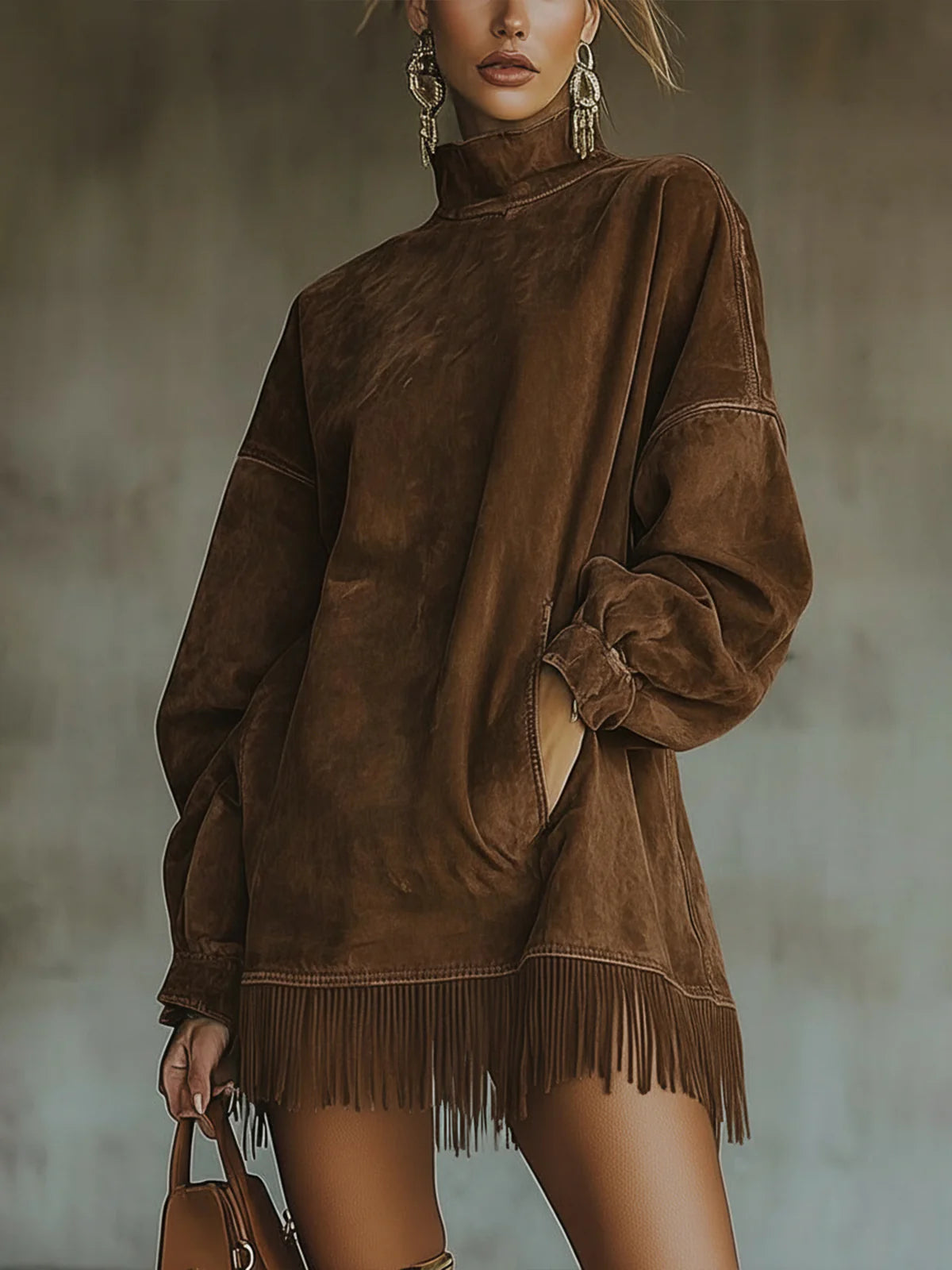 Beatriz | Vestido de Ante Sintético con Cuello Alto y Flecos