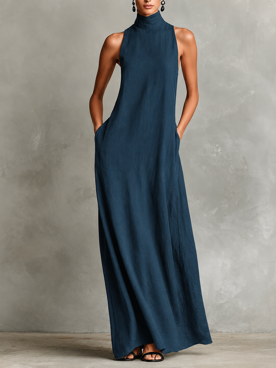 Eva | Vestido Largo de Lino con Cuello Alto