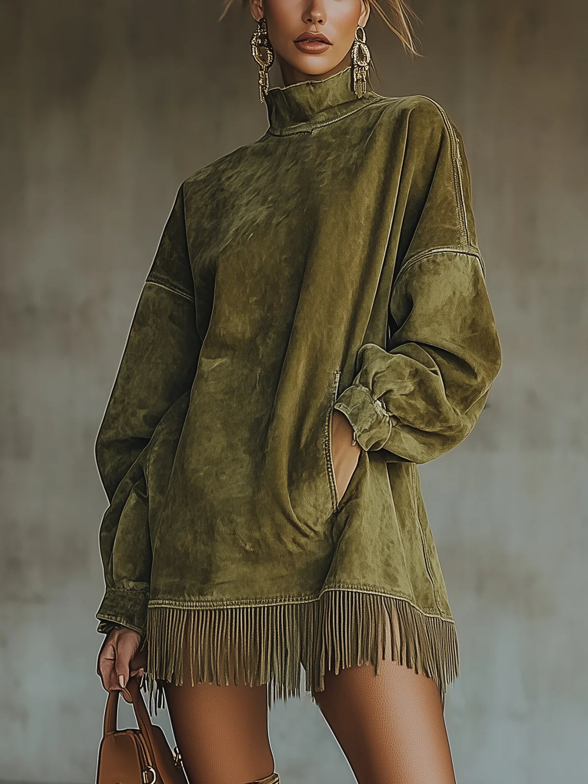 Beatriz | Vestido de Ante Sintético con Cuello Alto y Flecos
