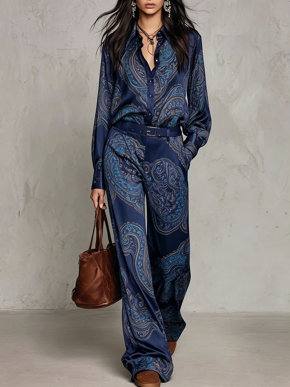 Cloe | Conjunto de Camisa Satinada Estampada y Pantalón Ancho
