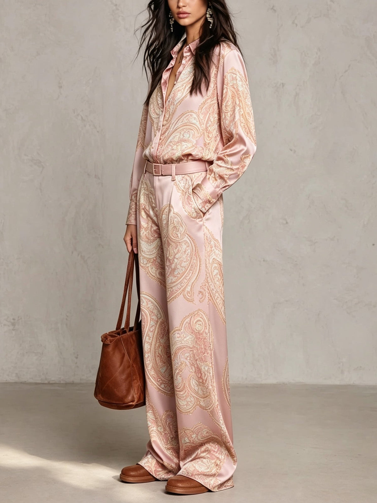 Cloe | Conjunto de Camisa Satinada Estampada y Pantalón Ancho