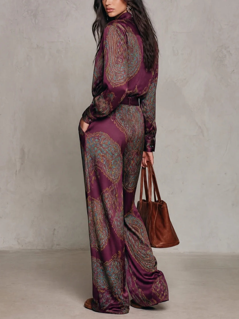 Cloe | Conjunto de Camisa Satinada Estampada y Pantalón Ancho