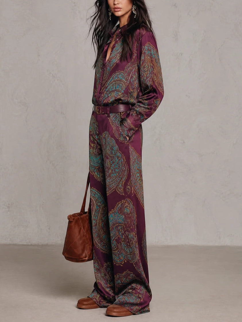 Cloe | Conjunto de Camisa Satinada Estampada y Pantalón Ancho