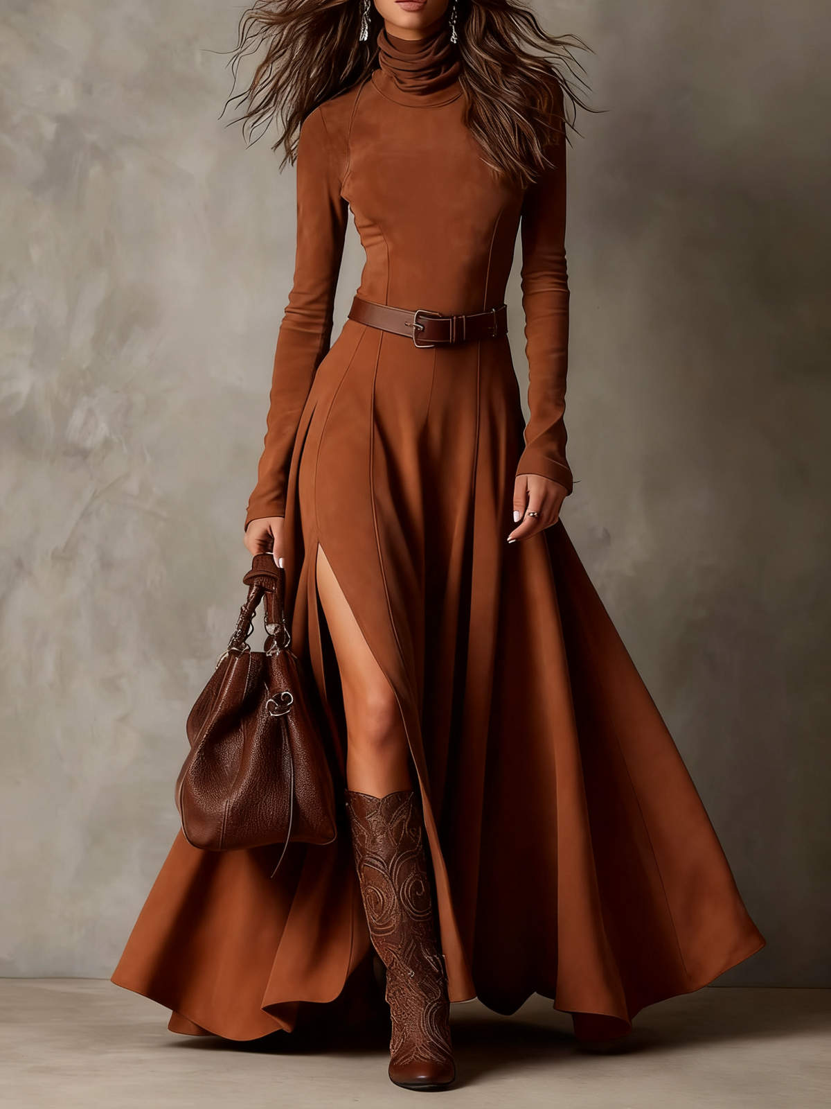 Silvia | Vestido Maxi de Ante Sintético con Cuello Alto y Abertura