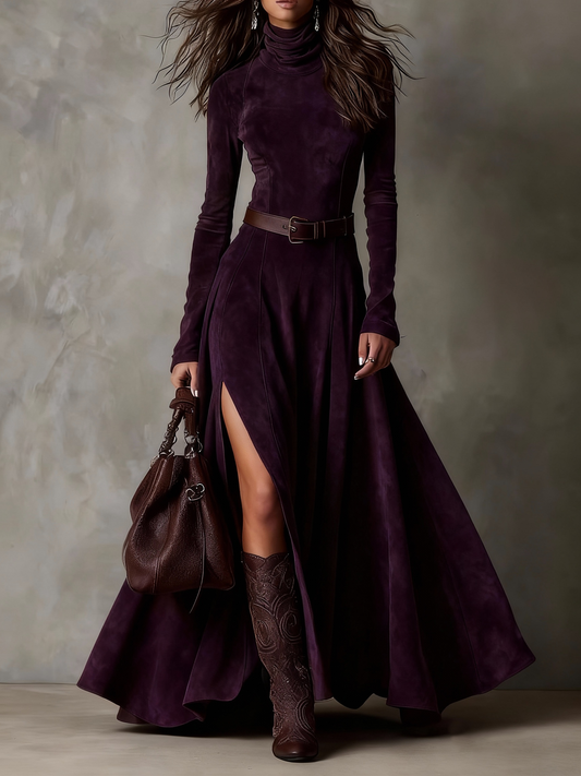 Silvia | Vestido Maxi de Ante Sintético con Cuello Alto y Abertura