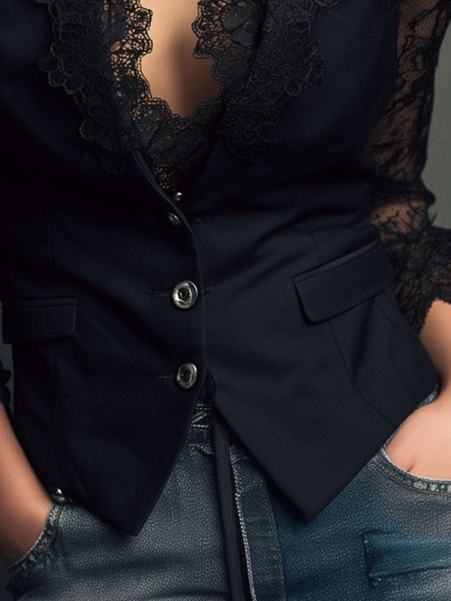 Claudia | Blazer Negro Elegante con Mangas de Encaje